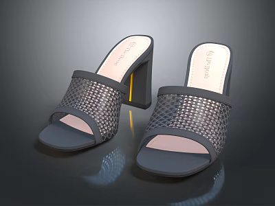 Women's Gray Mesh Block Heel Mules Stylish Open Toe Design For Fashionable Footwear 3d model