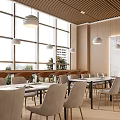 Modern Restaurant Interior With Wooden Slat Ceiling Pendant Lights Large Windows Marble Wall Dining Tables