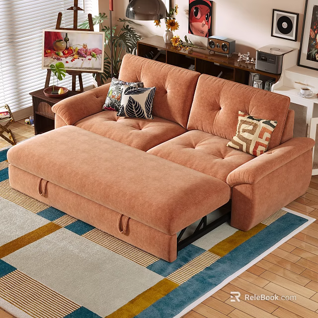Casual Orange Fabric Sofa Set With Patterned Pillows Storage Ottoman And Colorful Striped Rug 3d model 