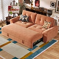 Casual Orange Fabric Sofa Set With Patterned Pillows Storage Ottoman And Colorful Striped Rug