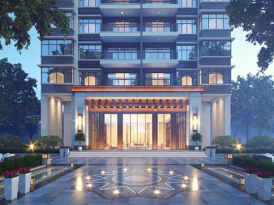 Luxury Residential Entrance Gate With Glass Doors Decorative Beam And Courtyard Lighting 3d model