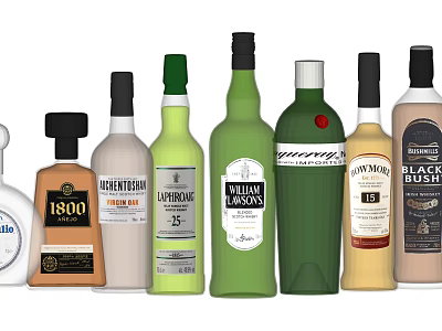 Display Of Assorted Liquor Bottles And Glasses With Various Brands And Colors 3d model