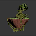 Cartoon Scene of Floating Island with Large Tree Small Pond Red Mushrooms Green Grass Vines