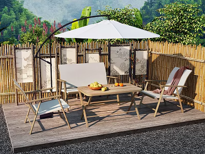 Outdoor Sofa Coffee Table Set With White Umbrella Bamboo Fence And Wooden Deck 3d model