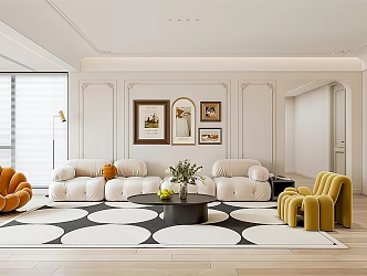 French Style Living Room Cream Living Room Single Person Sofa Casual Sofa Background Wall Green Plant Ornaments Finger Sofa Living Room Decorative Hanging Picture 3d model