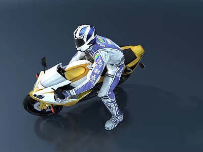 A man in blue and white racing suit wearing helmet riding yellow and white motorcycle 3d model