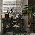 Traditional Indoor Chest of Drawers with Crane Patterns Decorative Vases and Large Plant