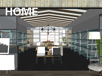 Modern Home Interior Design With Skylight Chandelier Tables Chairs And Large Windows 3d model