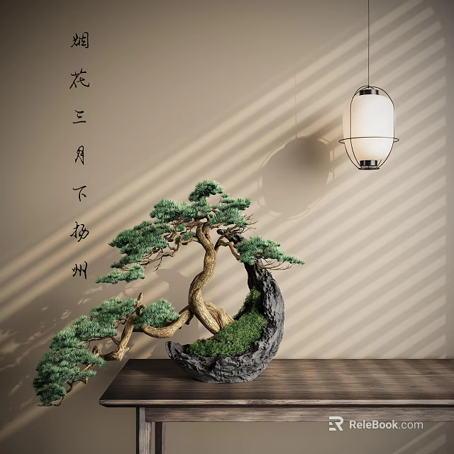 Chinese Style Bonsai Pine Tree in Stone Pot with Hanging Lantern and Sunlight Stripes 3d model 