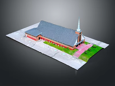 Cartoon Scene Church with Gray Roof Red Brick Walls Spire Pink Path and Green Lawn 3d model