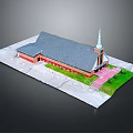 Cartoon Scene Church with Gray Roof Red Brick Walls Spire Pink Path and Green Lawn
