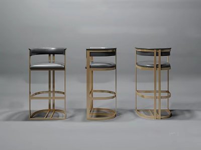 Three Modern Bar Stools With Golden Metal Frame And Black Leather Seats 3d model
