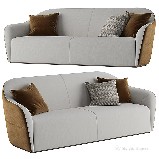 Modern Two-Seater Sofa in White and Brown with Patterned Decorative Cushions 3d model