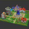 Charming Scenery with Castle Tower Colorful Roof Houses Central Fountain Green Grass Paths Trees Fences