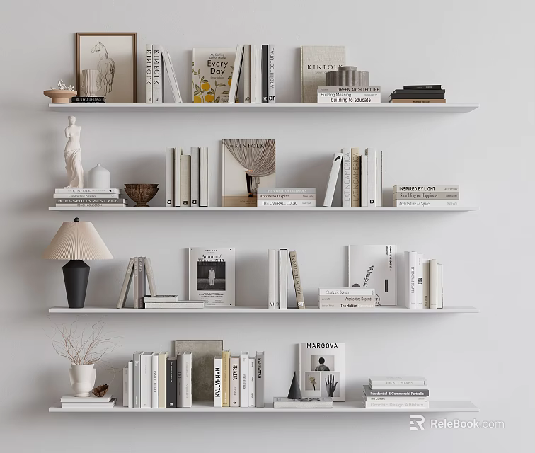Modern Minimalist Decorative Ornament Combination On Floating Shelves With Books Statue Lamp And Vase 3d model 