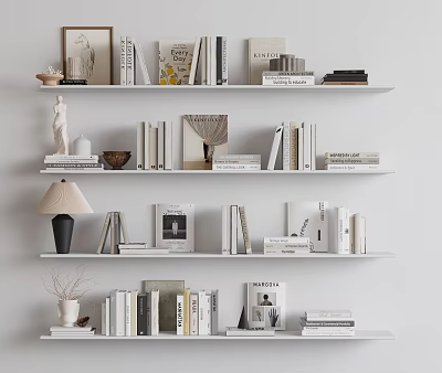 Modern Minimalist Decorative Ornament Combination On Floating Shelves With Books Statue Lamp And Vase 3d model