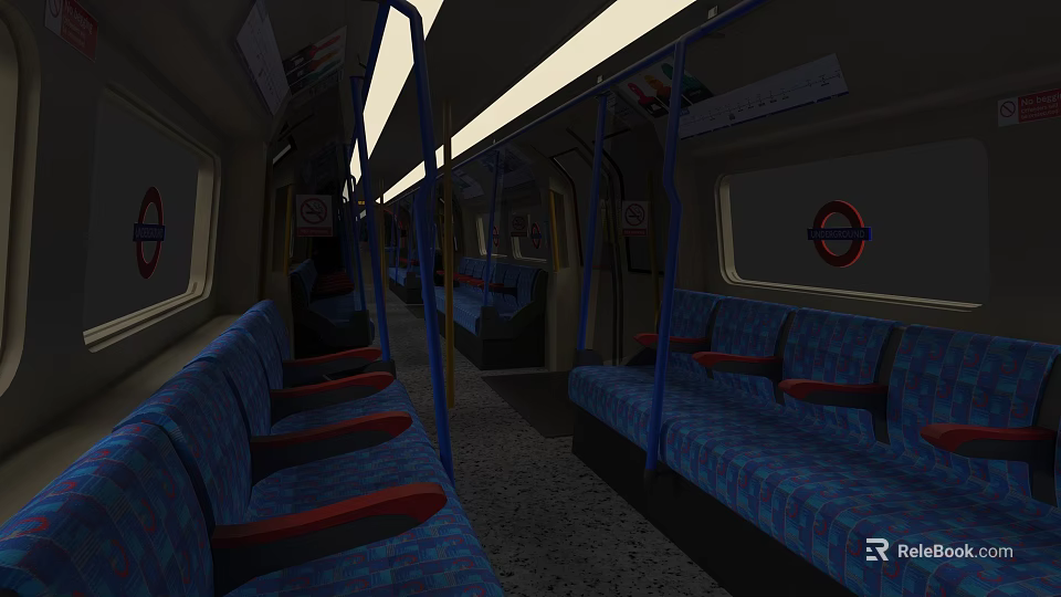 Subway Car Interior Featuring Blue And Red Seats Blue Handrails And Round Signs 3d model 
