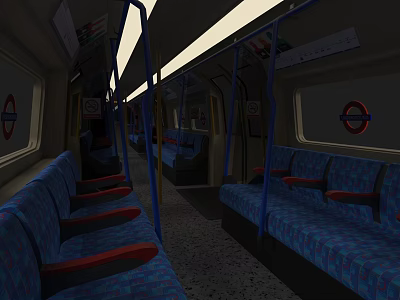 Subway Car Interior Featuring Blue And Red Seats Blue Handrails And Round Signs 3d model