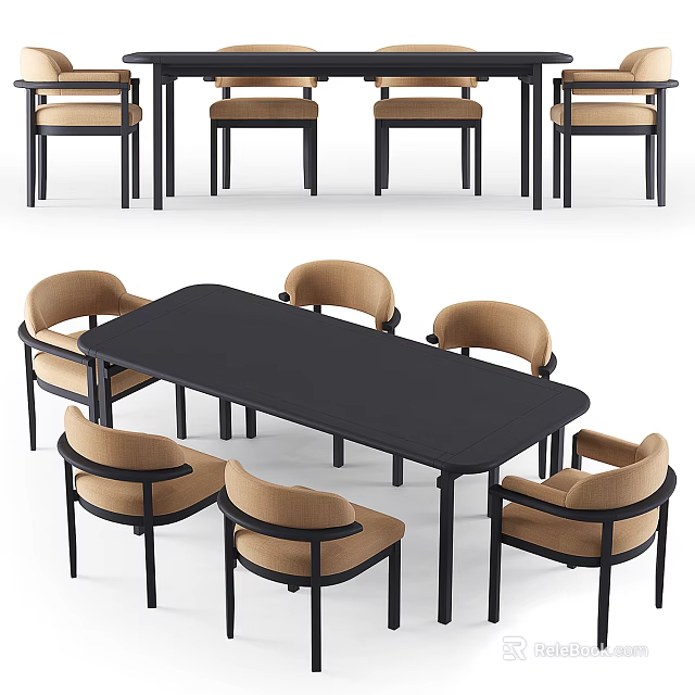 Modern Dining Table Set With Black Rectangular Tabletop And Beige Upholstered Chairs With Black Legs 3d model