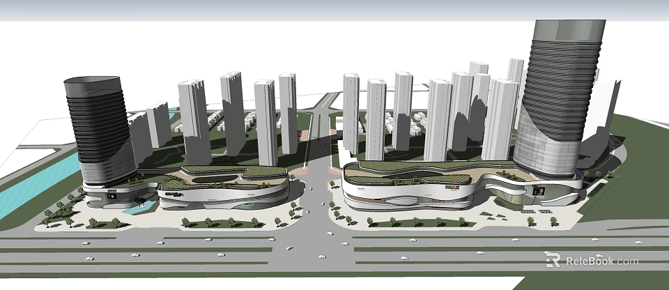 Modern High Rise Office Building Complex With Green Roofs And Urban Road Vehicles 3d model 