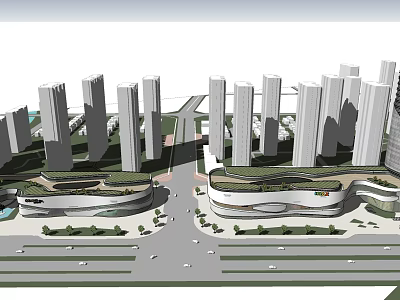 Modern High Rise Office Building Complex With Green Roofs And Urban Road Vehicles 3d model