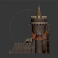 Cartoon Castle Scene with Stone Towers Red Spires Red Roofs Stone Stairs and Wooden Table