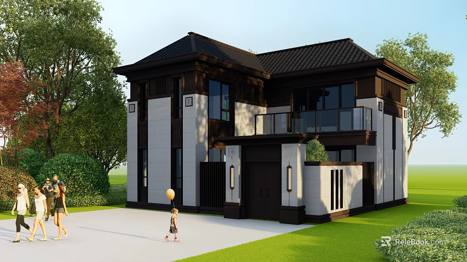 Modern Chinese Style Detached Villa With Black White Exterior Green Trees And Lawn 3d model 