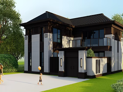 Modern Chinese Style Detached Villa With Black White Exterior Green Trees And Lawn 3d model