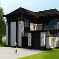 Modern Chinese Style Detached Villa With Black White Exterior Green Trees And Lawn