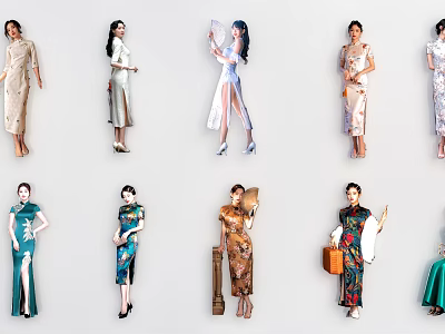 Women Wearing Traditional Cheongsam In Various Colorful Styles And Elegant Designs 3d model