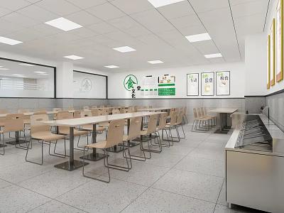 Cafeteria Dining Space With Tables Chairs White Ceiling Wall Signs And Serving Counter 3d model