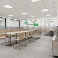 Cafeteria Dining Space With Tables Chairs White Ceiling Wall Signs And Serving Counter 3d model
