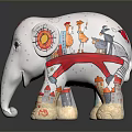 Decorative Elephant Figurine With Colorful Hand Painted Sun Giraffe Umbrella And House Patterns