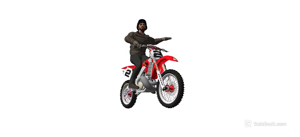 Man In Casual Jacket Riding Red Dirt Bike With Extended Arm Gesture 3d model 