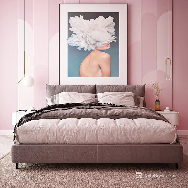 Double Bed in Modern Bedroom With Pink Walls Artwork and Bedside Tables 3d model 