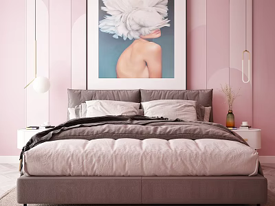 Double Bed in Modern Bedroom With Pink Walls Artwork and Bedside Tables 3d model