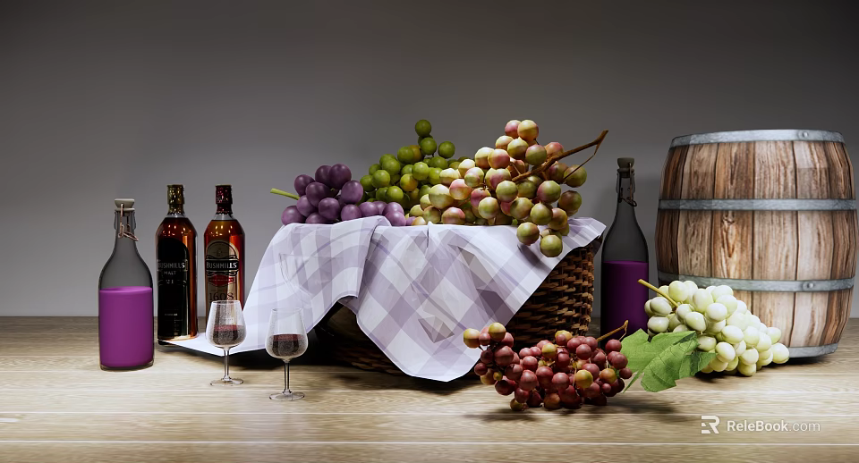 Fresh Grapes In Basket With Plaid Cloth Wine Bottles Glasses And Wooden Barrel 3d model 