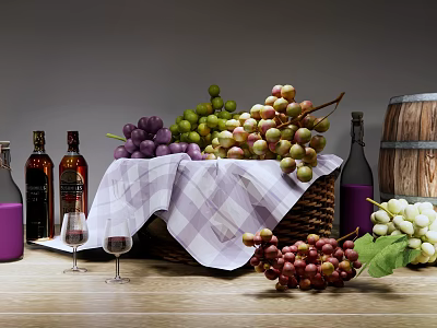 Fresh Grapes In Basket With Plaid Cloth Wine Bottles Glasses And Wooden Barrel 3d model