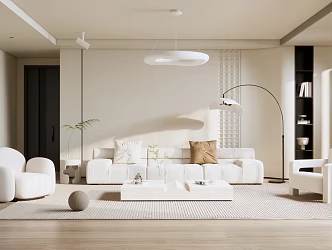 Modern Living Room Minimalist Cream Living Room Fabric Multi-person Sofa Hole Stone Coffee Table Casual Single-person Sofa Chandelier Floor Lamp 3d model