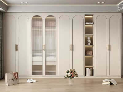 Modern White Wardrobe With Glass Doors And Open Shelves Storing Clothes Books And Decorations 3d model
