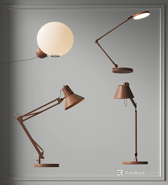 Modern Table Lamps With Adjustable Arms And Spherical Conical Shades In Warm Brown Tones 3d model 