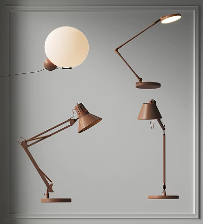Modern Table Lamps With Adjustable Arms And Spherical Conical Shades In Warm Brown Tones 3d model