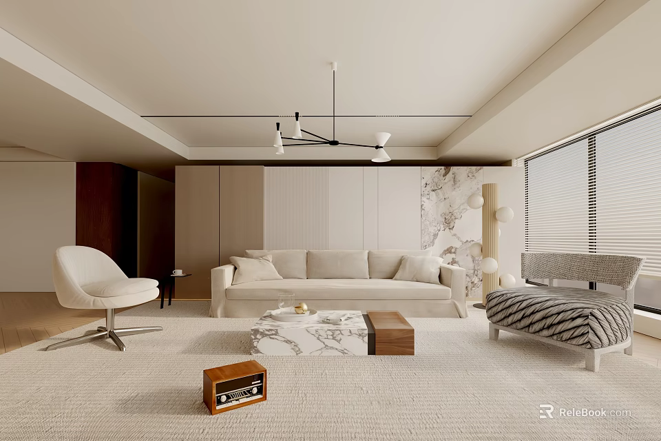 Modern Living Room Interior With Beige Sofa White Armchair And Wooden Coffee Table 3d model 