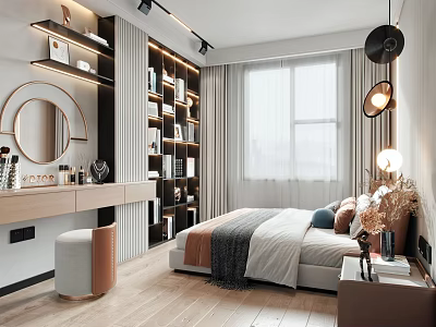 Modern Bedroom Interior Design With Comfortable Bed Bookshelf And Stylish Lighting Fixtures 3d model