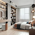 Modern Bedroom Interior Design With Comfortable Bed Bookshelf And Stylish Lighting Fixtures