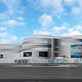 Modern Commercial Complex With Glass Curtain Wall Large Digital Screens And Blue Sky