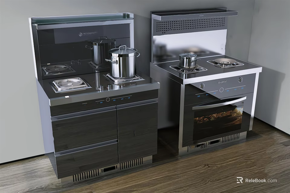 Modern Black Kitchen Appliances With Stove Oven Range Hood Countertop Cookware And Cabinets 3d model 