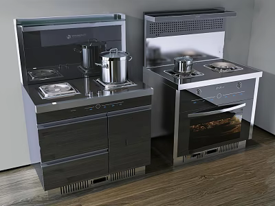 Modern Black Kitchen Appliances With Stove Oven Range Hood Countertop Cookware And Cabinets 3d model
