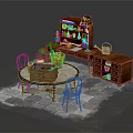 Rustic Wooden Dining Set with Round Table Chairs Cabinet Terracotta Pots Potted Plant and Stone Floor