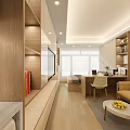 Modern Open Layout Apartment Interior With TV Wall Cabinets Desk And Natural Light